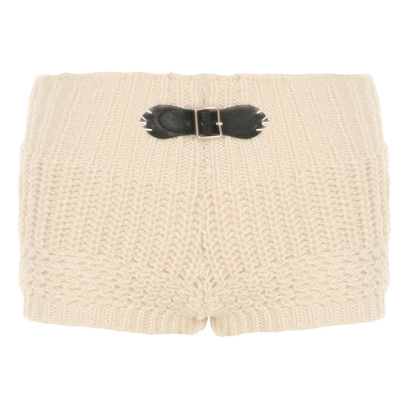 Aiertu  -  Y2K Belt Buckle Detail Knitted Shorts Japanese Girl Style Beige Slim Fit Sweater Shorts Cute Casual Outfits Winter Aiertu