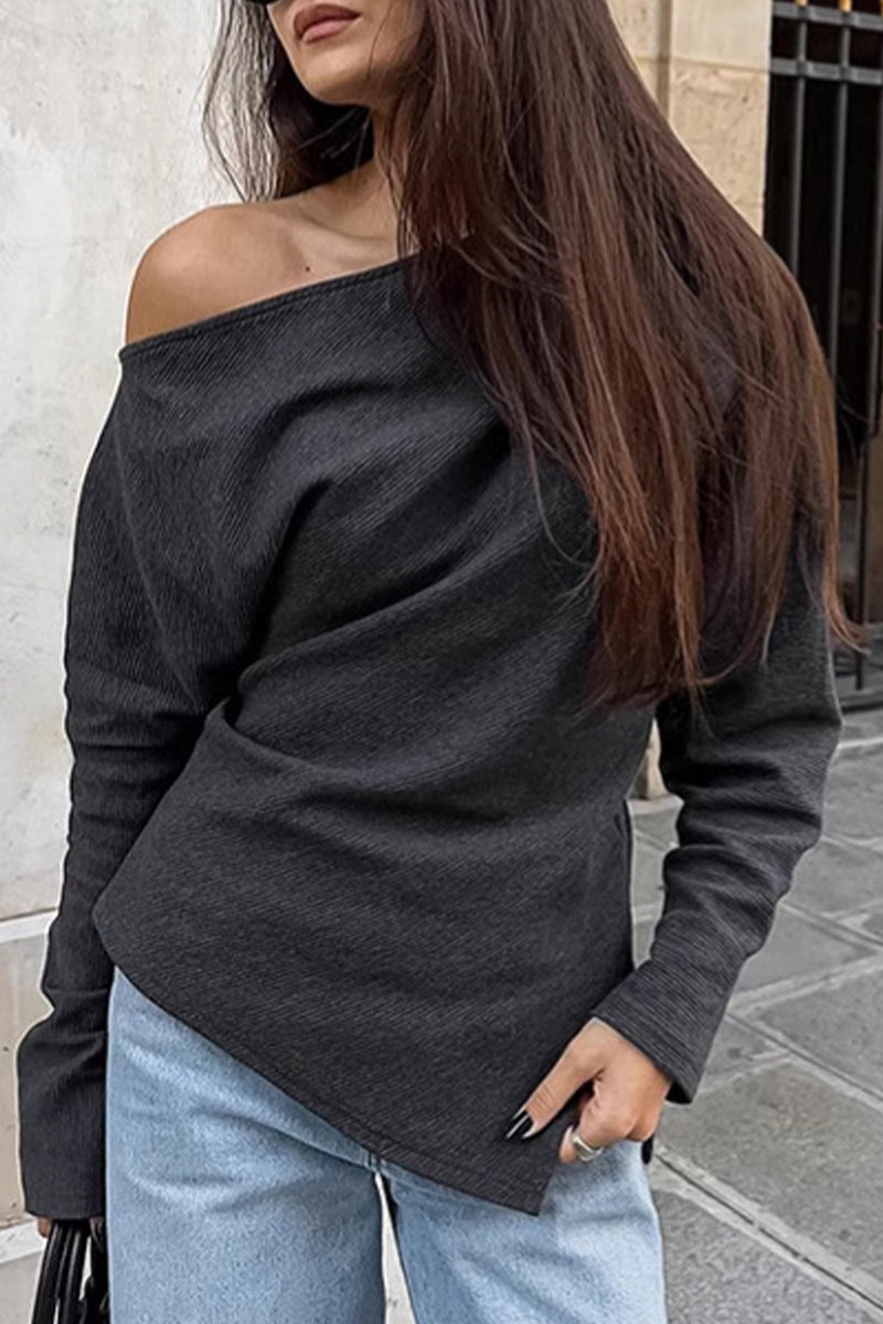 Aiertu  -Casual Street Irregular Potholes Oblique Collar Tops aiertu