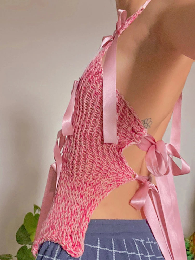 Aiertu  -  Bow Knitted Crop Tops Women Sexy Hollow Out Bodycon Sleeveless Tank Top Hot Girls Club Sexy Backless Knitwear Vest Femme Aiertu