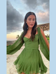 Aiertu  -  Sexy Summer Women Pleated Short Beach Dress Fashion V-neck Split Long Sleeve A-line Mini Dresses 2026 Casual Lady Party Vestidos Aiertu