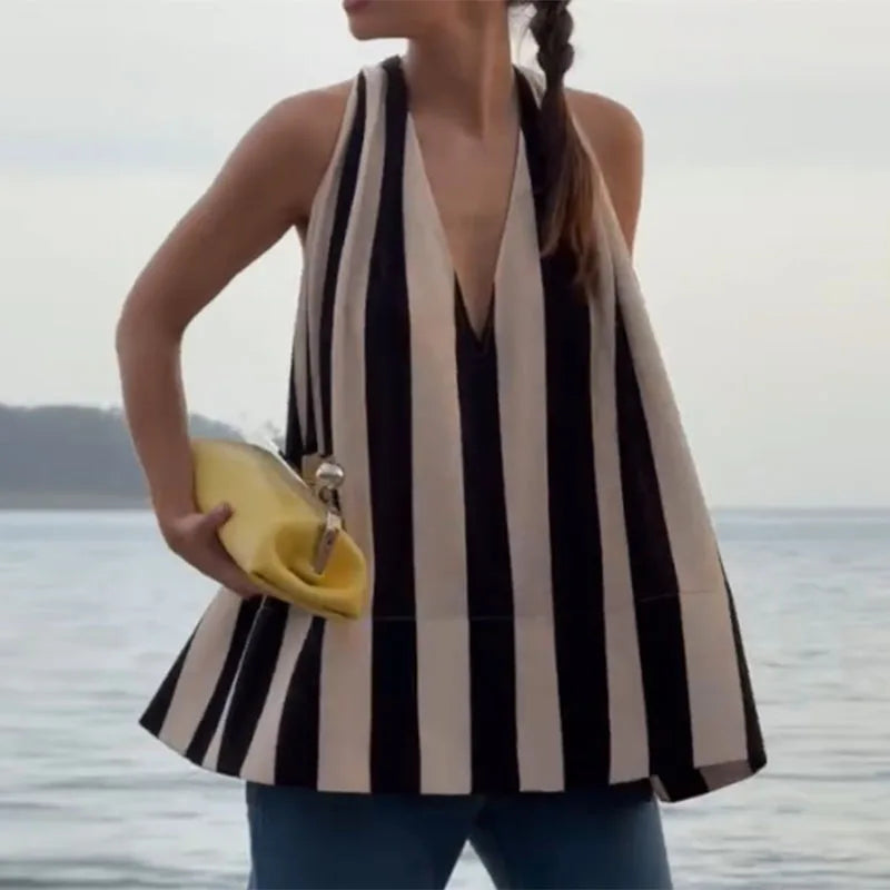 Aiertu  -  Trendy Sleeveless Striped Hang Neck Women Top Loose V-neck Backless A-line Vest 2026 New Season Casual Holiday Female Tops Aiertu