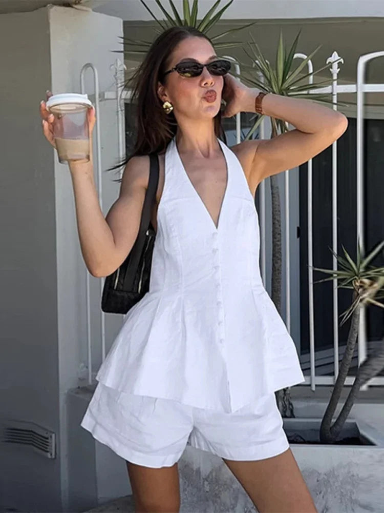 Aiertu  -  Cotton Linen Tank Top Shorts Sets Women's White Single Breasted Halter Ruffles Vest Wide Leg Shorts Suits Summer Commute Chic Aiertu