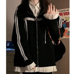 Aiertu  -  Japan Preppy Style Office Lady Patchwork Lace Appliques Coats Harajuku American Vintage Y2k 2000s Sweatshirts Punk Loose Clothes Aiertu
