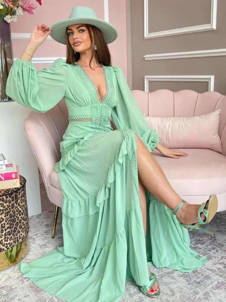 Aiertu  -  Autumn Winter Elegant Patchwork Dress Long Sleeve V-neck Ruffles Lace Maxi Dress Lady Party Holiday Streetwear Robes New Aiertu