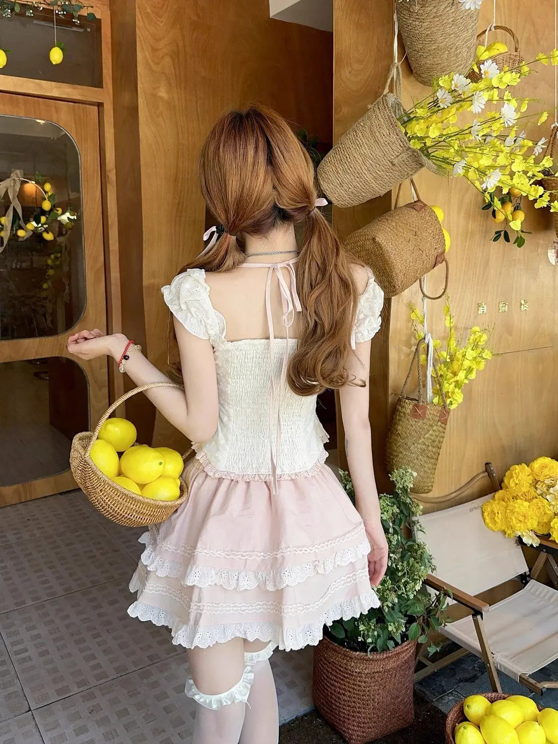Aiertu  -   Summer Sweet Girls Two Piece Skirt Sets Lace Splicing Puff Sleeve Slim Shirt Tops + High Waist A Line Mini Skirt Outfits Aiertu