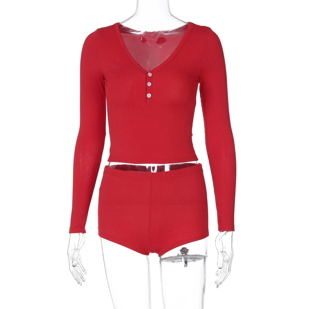 Aiertu  -  Homewear Two Piece Outfits for Woman Spring Summer Long Sleeve Button Crop T-shirt+Elastic Waist Mini Shorts Casual Suits Aiertu