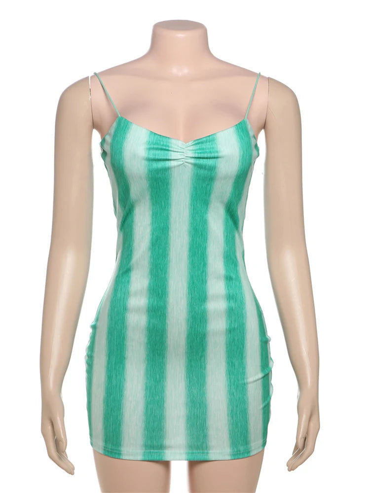 Aiertu  -  Sexy Striped Print Dress Women Spaghetti Strap Summer New Trend Sleeveless Backless Pleated Beach Vacation Mini Bodycon Aiertu