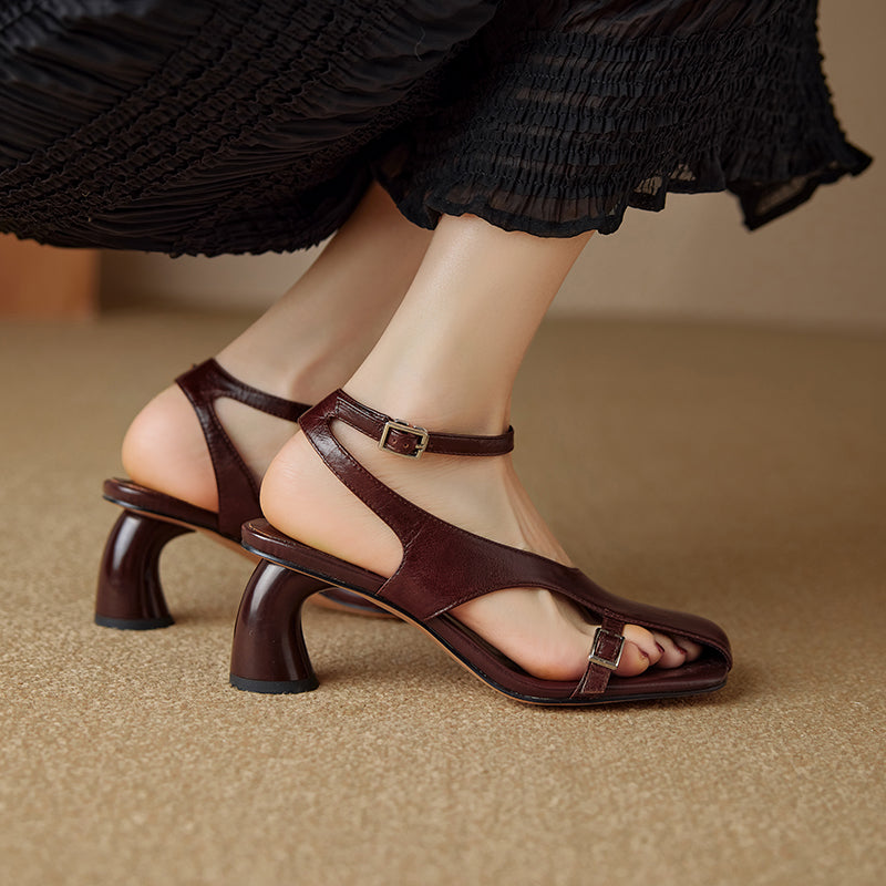 Aiertu  NEW Summer Women Sandals Split Leather Shoes for Women Square Toe Kitten Heel Shoe Narrow Band Bcukle Strap Shoes Modern Sandals Aiertu