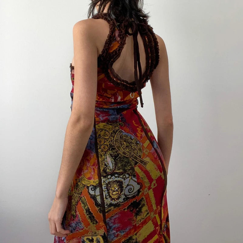 Aiertu  Sexy Backless Hollow Out Sleeveless Maxi Dresses Vintage Oil Painting Print Bodycon Dress Aesthetic Party Slim Vestidos Aiertu