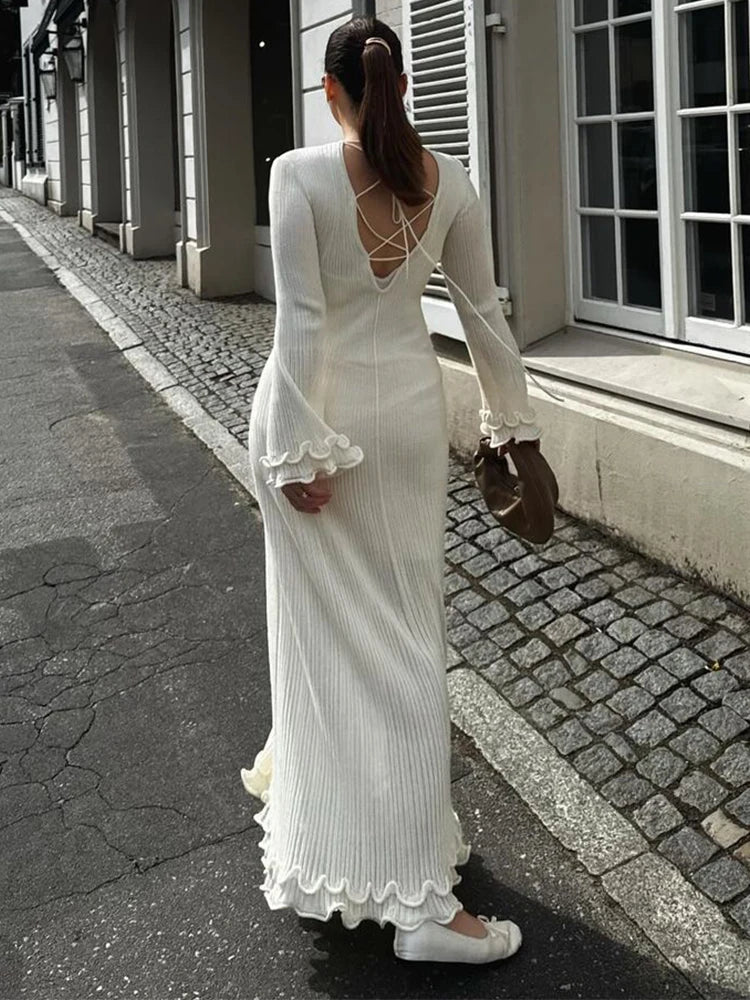 Aiertu  -  Fashion Flared Sleeves Lace Hem Maxi Dress Lady Elegant Solid Back Lace Up Long Dress Female Casual Streetwear Club Party Robes Aiertu