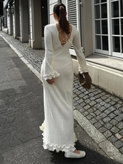 Aiertu  -  Fashion Flared Sleeves Lace Hem Maxi Dress Lady Elegant Solid Back Lace Up Long Dress Female Casual Streetwear Club Party Robes Aiertu