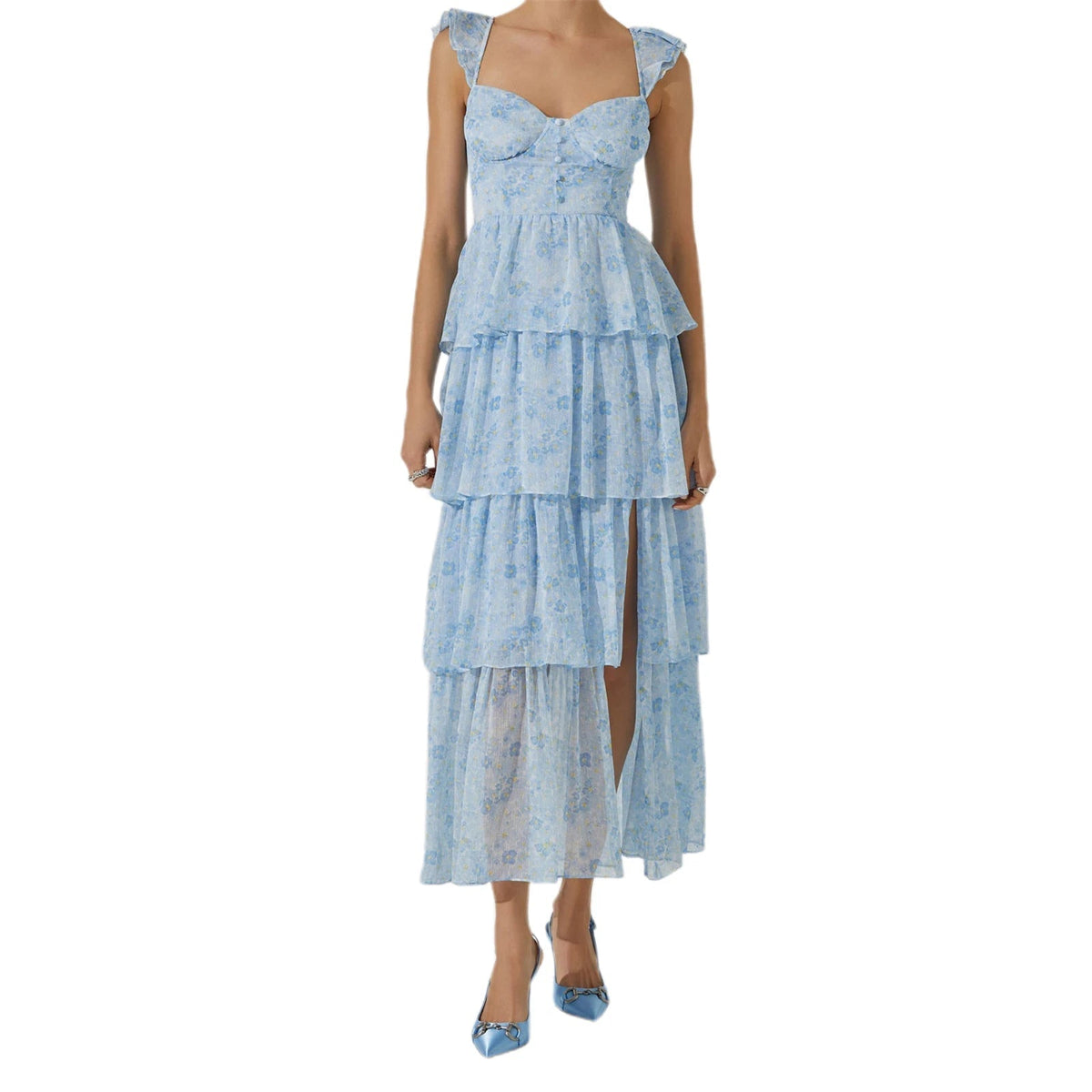 Aiertu  -  Elegant Off-Shoulder Maxi Dress with Delicate Floral Print and Flowy Ruffled Layers Perfect for Spring and Summer Events Aiertu