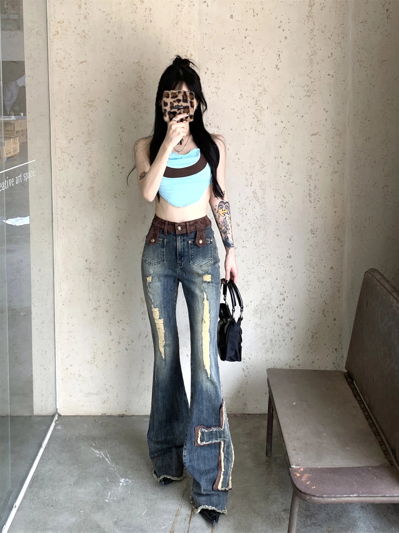 Aiertu  Cross Patchwork Bootcut Pants for Women Destroyed High Rise Slim Trousers Y2k Flare Jeans 90s Retro Korean Streetwear Aiertu