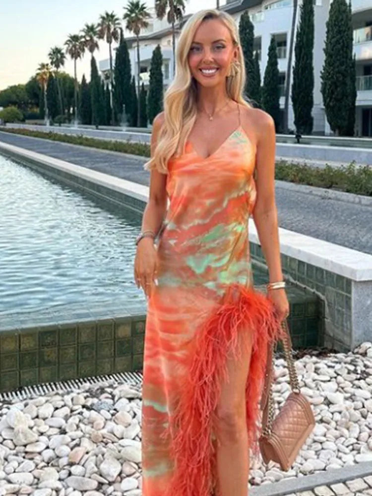 Aiertu  -  Sexy Print Feather Hem Lace Up Long Sling Dress Elegant Backless Sleeveless Bodycon Dresses 2025 New Lady Beach Party Prom Robes Aiertu