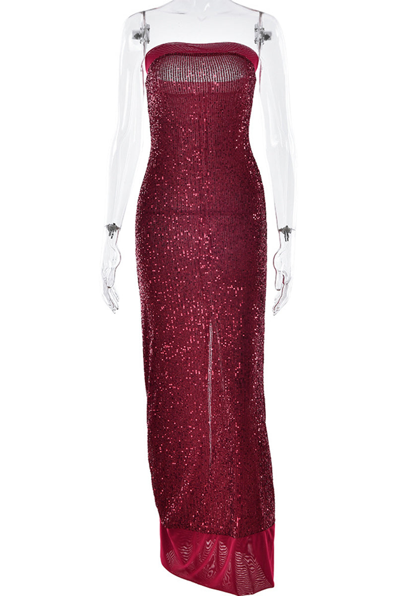 Aiertu  -  Sexy Sequins Slit Sequined Strapless Long Dresses(3 Colors) Aiertu