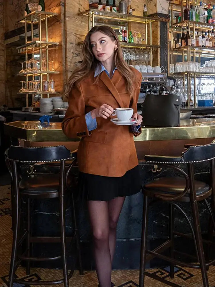 Aiertu  -  Retro Brown Lapel Blazer Jacket Women Fashion Single Breasted Long Sleeves Office Suit Coats Autumn New Lady Commute Outerwear Aiertu