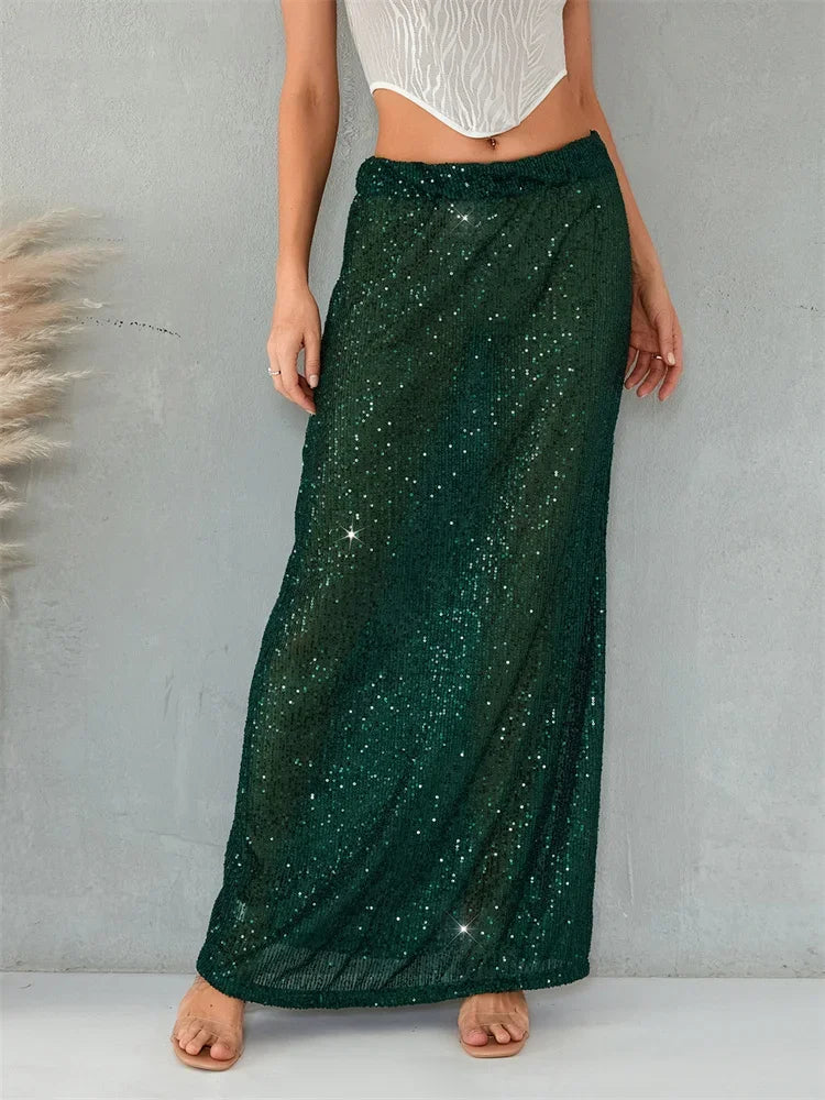 Aiertu  -  Women Sequin Midi Skirts Low Waist Straight Long Skirts Summer Party Club Beach Sexy Elegant Skirts See Through Bikini Cover-ups Aiertu