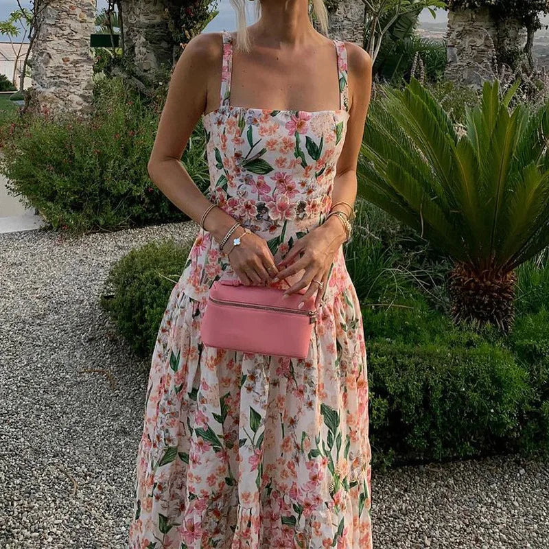 Aiertu  -  Floral Print High Waist Long Dress Summer Hollow Out Sleeveless Garden Party Dress Sexy Off Shoulder Suspender Beach Dress Aiertu