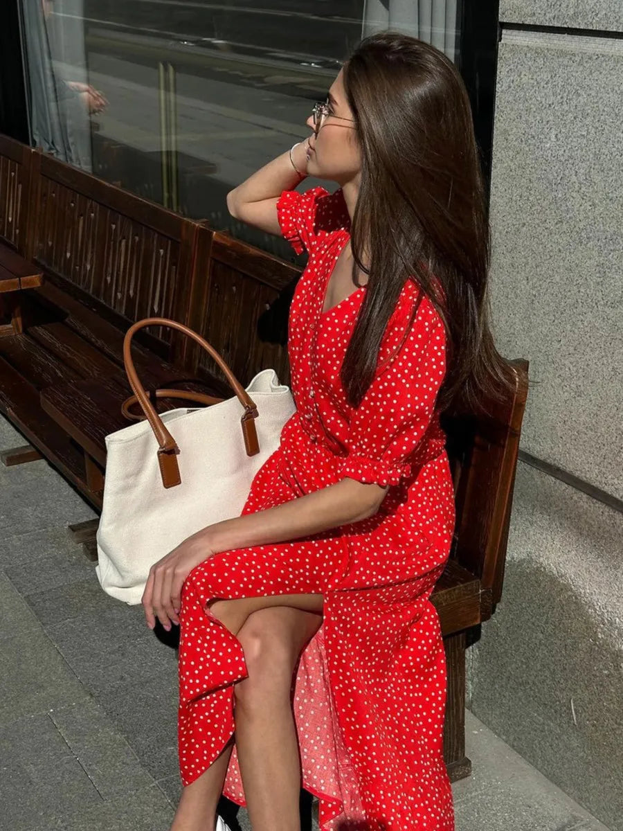 Aiertu      -  Polk Dot Red Midi Dress Women Summer New V Neck Short Sleeve Waist Cinched Split Dresses 2024 Elegant Casual Button Long Vestido Aiertu