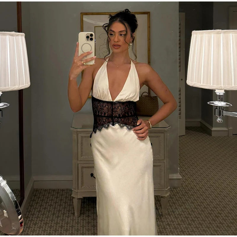 Aiertu  -  Fashion Sequin Halter Spliced Women dress V-neck  Backless Pleated Slim Fishtail Dresses 2026 Summer Beach Party Lady Robe Aiertu