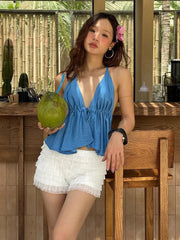 Aiertu  -  Sexy 2-Piece Set Women Vacation Beach Party Halter Backless Sleeveless Tank Top+Mesh Tierred Shorts Matching Suits Aiertu