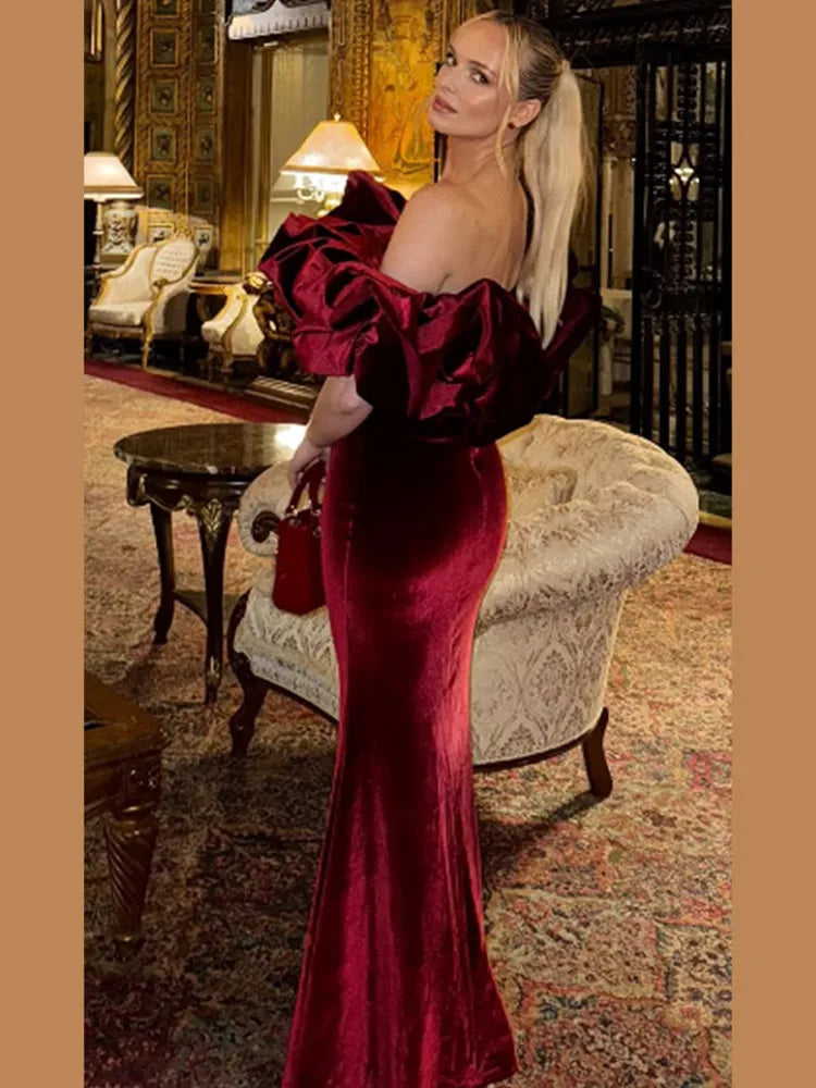 Aiertu  -  Red Velvet Ruffles Spliced High Wasit Long Dress Fashion Women Bodycon Off Shoulder Vestidos 2025 Lady Elegant Chic Party Gowns Aiertu