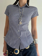 Aiertu - summer inspo Hot American Retro Casual Short Sleeve Plaid Shirts For Women Button Up Turn Down Collar Summer Spring Preppy Tops Aiertu