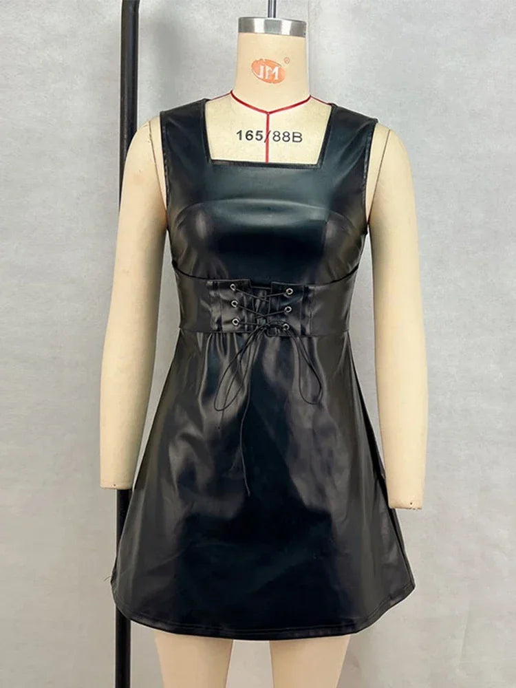Aiertu  -  Fashion PU Leather Dresses Women Sleeveless Strap Zipper Square Collar Mini Dress Vintage High Waist Female Evening Party Robes Aiertu