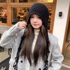 Aiertu  -  Winter Handmade Beanies for Women Fashion Tassel Thickened Warm Knitted Pullover Hat Outdoor Ear Protection Strap Woolen Bonnets Aiertu