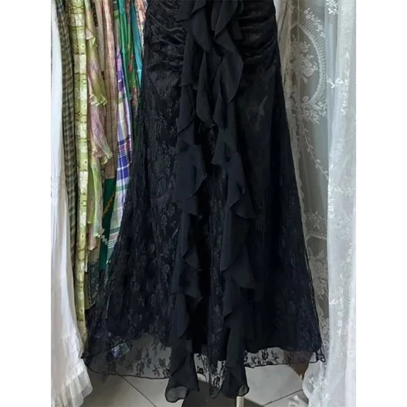 Aiertu  -  Y2K Black Lace Midi Dress Women Party Sexy Halter Ruffles Dresses Summer Vintage Korean V Neck Backless Bodycon Vestidos Aiertu