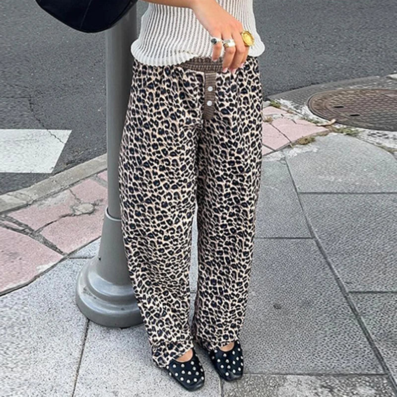 Aiertu  Leopard Print Patchwork Straight Pants Elastic Waist Fashion Harajuku Trousers Aesthetic 2000s Casual Baggy Bottom Aiertu