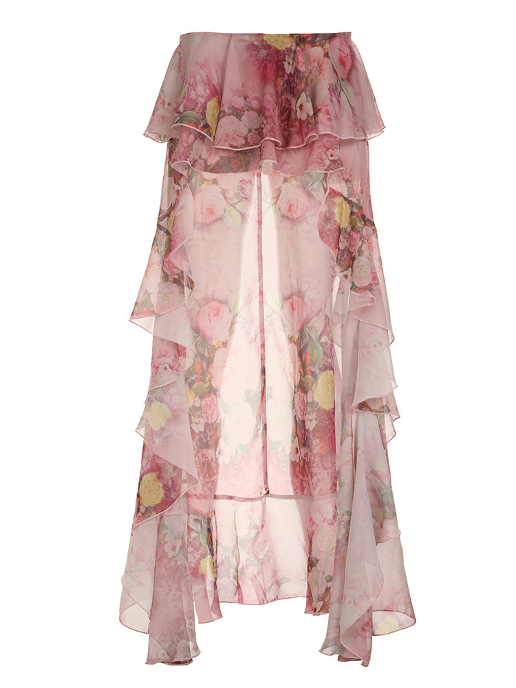 Aiertu - summer inspo Hot Beach Boho Floral Print Chiffon Ruffled Skirt Women Asymmetrical Dipped Hem Pink Romantic Elegant Sexy Vacation Skirts Aiertu
