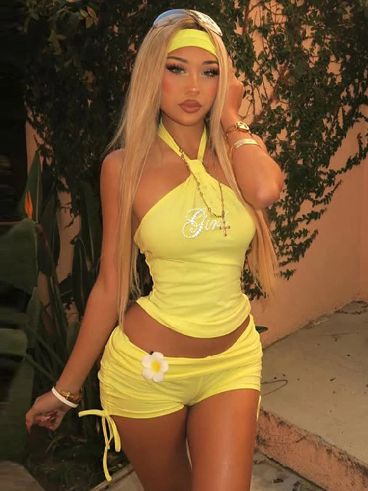 Aiertu  -  Woman Clothing Halter Neck Rhinestones Crop Top+Shirring Shorts 2 Piece Set Y2K Streetwear Girls Summer Super Short Pants Suit Aiertu