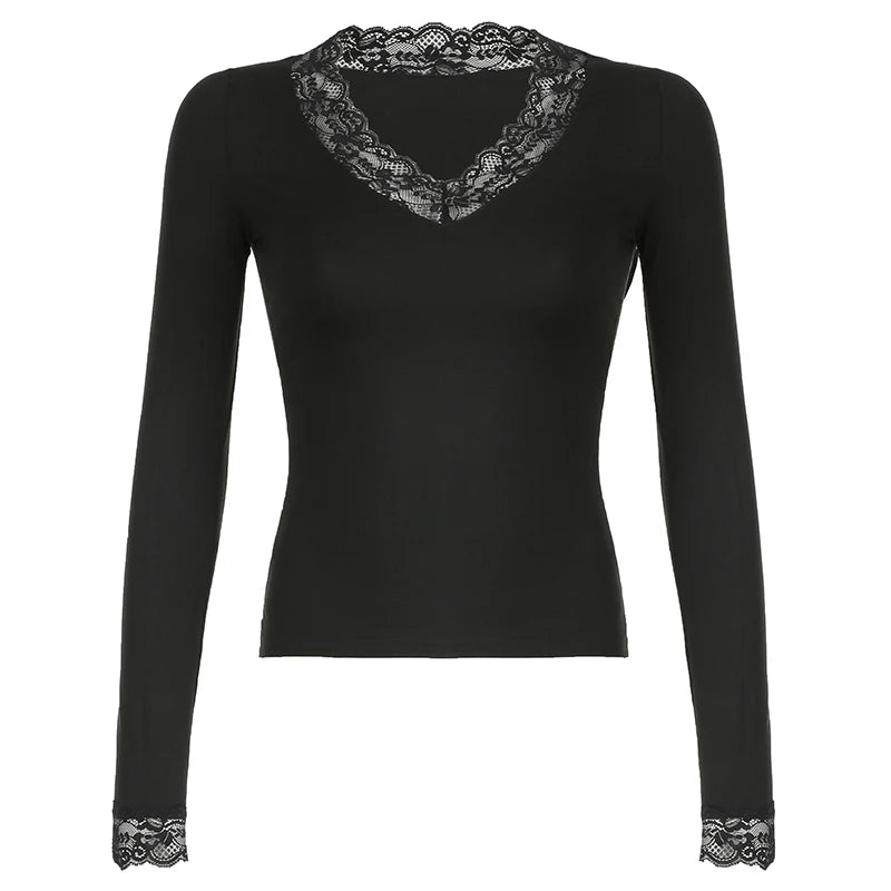 Aiertu 2025 spring fashion trend Lace Patchwork Solid Slim Tee Shirts Long Sleeves V-neck Aesthetic Fashion Clothes Vintage Streetwear Black Tops Aiertu