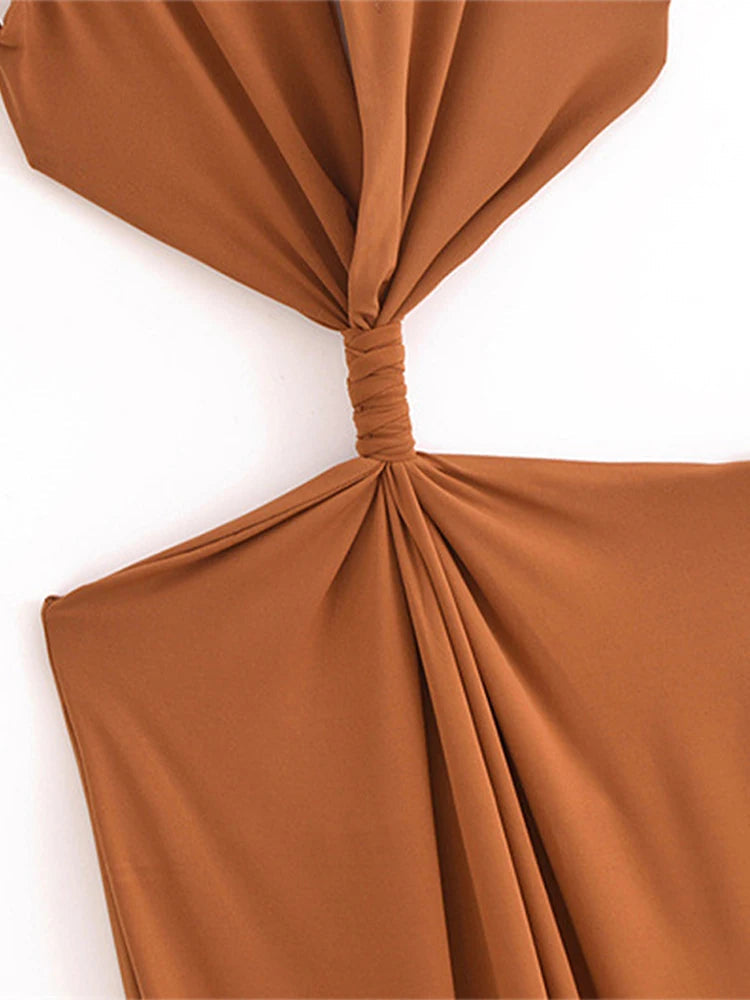 Aiertu  -  Sexy Knot Ruched Hollow Out Dress Woman Slim Off Shoulder Backless Bodycon Midi Robes Summer Autumn Party Evening Dresses Aiertu