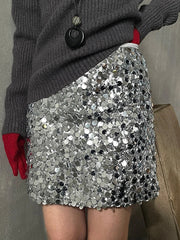 Aiertu  Sequied Sexy Silver Mini Skirts For Women 2025 New High Waist Slim Zipper A-line Party Skirt Simple Fashion Elegant Short Faldas Aiertu