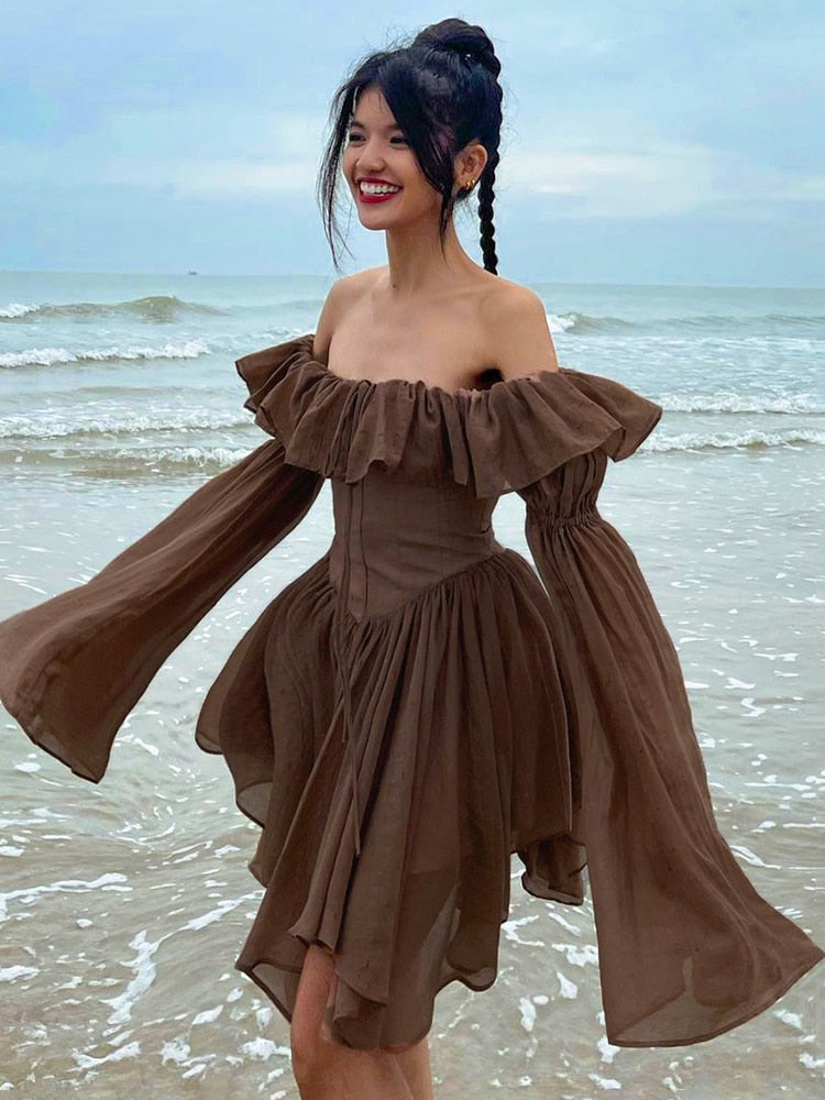 Aiertu Elegant Chiffon Corset Dress Brown Flare Long Sleeve Mini Dresses Vacation Short Party Dress Ruffles Slash Neck Outfit Aiertu