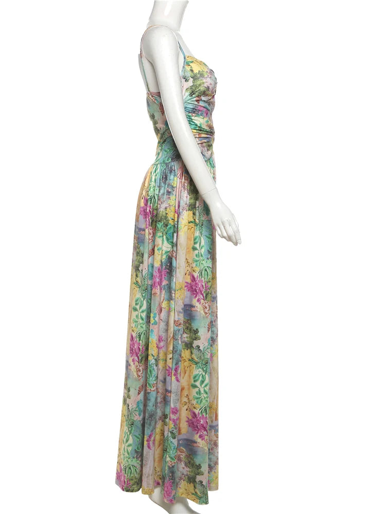 Aiertu  -  Aesthetic Printed Splice Dresses Women Hipster Attractive Hollow Low Neck Draped Suspendency Maxi Vestidos Vacation Robe Aiertu