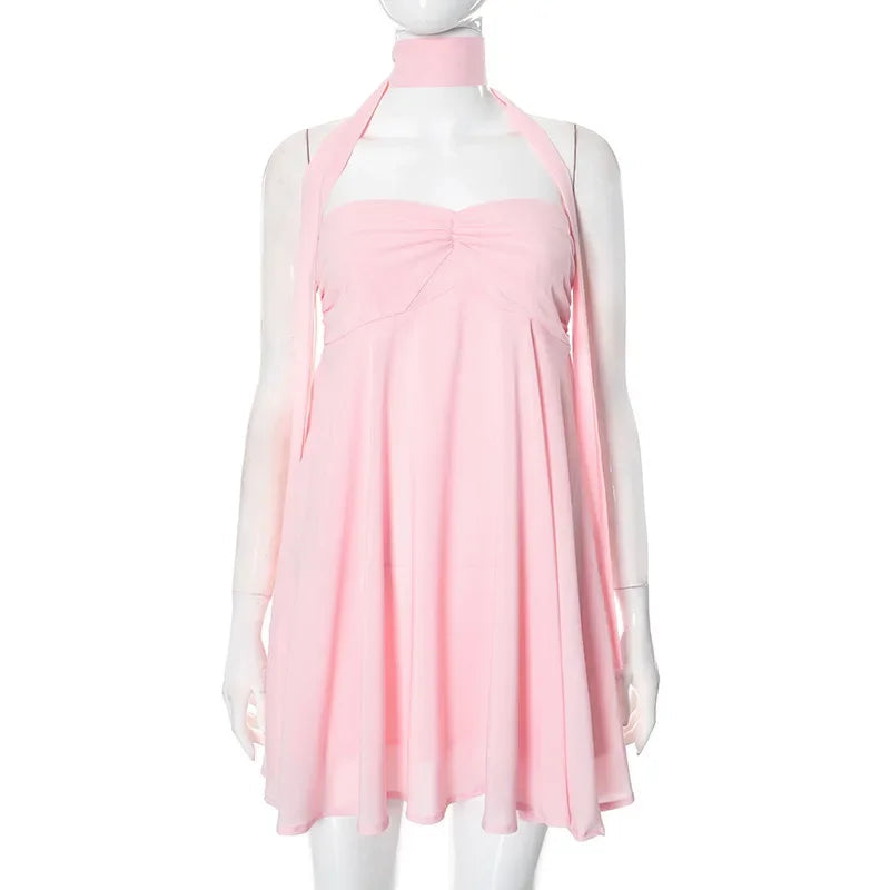 Aiertu  -  Pink Ruffle Tube Top Dress Womens Beach Party Sexy Off Shoulder Scarf Mini Dresses Ladies Vacation Backless A-Line Dress Aiertu