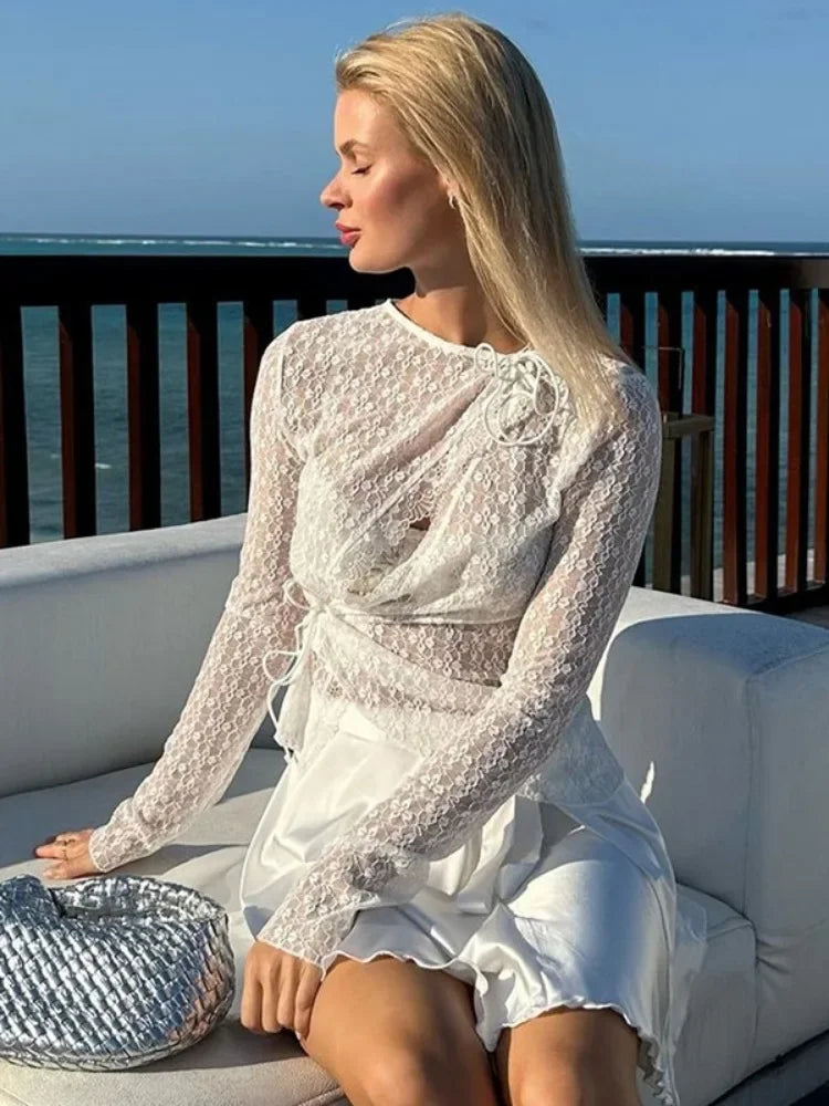 Aiertu  -  New Long Sleeve Lace Hollow Cardigan Top Sexy Through Slim Fit Hot Girl Bandage Solid Color Female Club Party Y2K T Shirt Aiertu