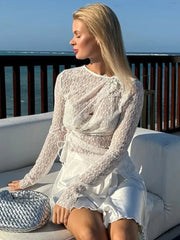 Aiertu  -  New Long Sleeve Lace Hollow Cardigan Top Sexy Through Slim Fit Hot Girl Bandage Solid Color Female Club Party Y2K T Shirt Aiertu
