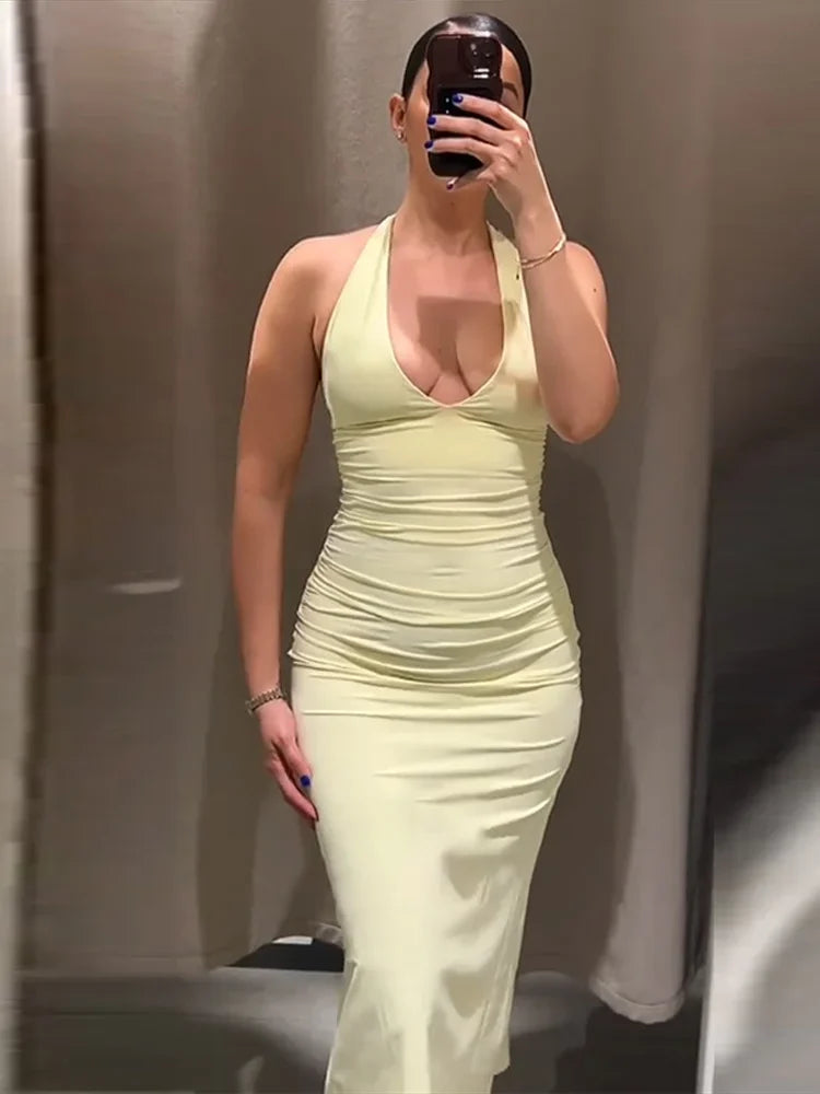Aiertu  -  Halter Slim Backless Women Long Dress Backless Solid V-neck Elegant Fishtail Vestidos 2026 Summer Female Street Party Dresses Aiertu