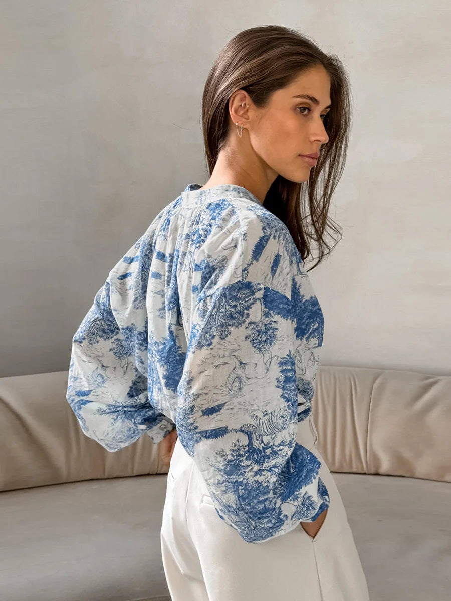 Aiertu  -  Autumn Ink Print Blouses Women Single Breasted Stand Collar Lantern Collar Blouse Office Lady Elegant Fashion Shirts 2026 New Aiertu