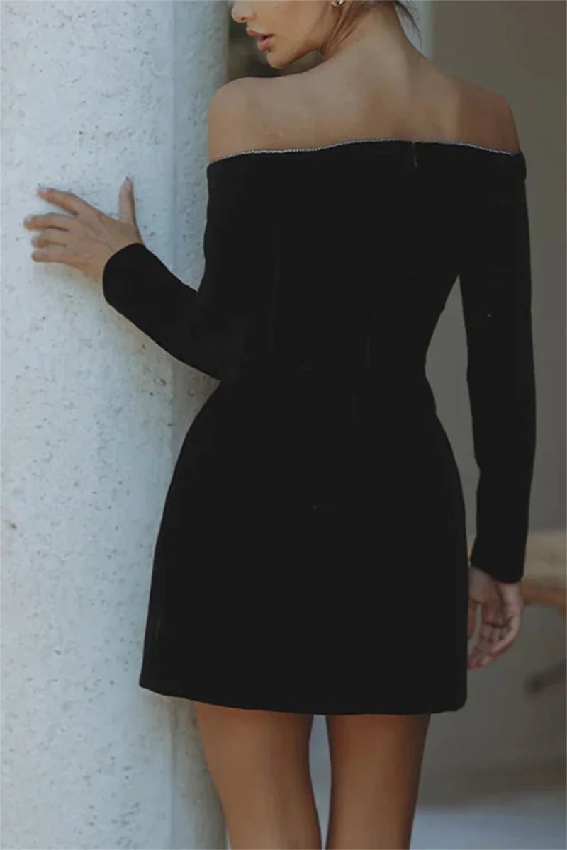 Aiertu  -  Elegant Black Velvet Rhinestone Off Shoulder Mini Dress For Women Long Sleeve High Waist A-line Party Club Dresses Aiertu