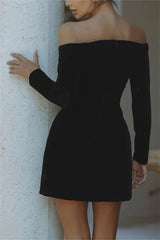 Aiertu  -  Elegant Black Velvet Rhinestone Off Shoulder Mini Dress For Women Long Sleeve High Waist A-line Party Club Dresses Aiertu