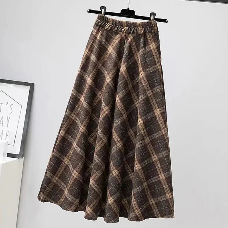 Aiertu Autumn Winter Woolen Skirt Women Korean Style Thick High Waist Long Skirt Woman A Line Pleated Plaid Skirt Female Aiertu