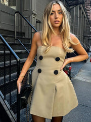 Aiertu  -  Sexy Strapless Sleeveless Backless A-line Dress For Women Fashion Buttons High Waist Mini Dresses Autumn Lady Office Streetwear Aiertu