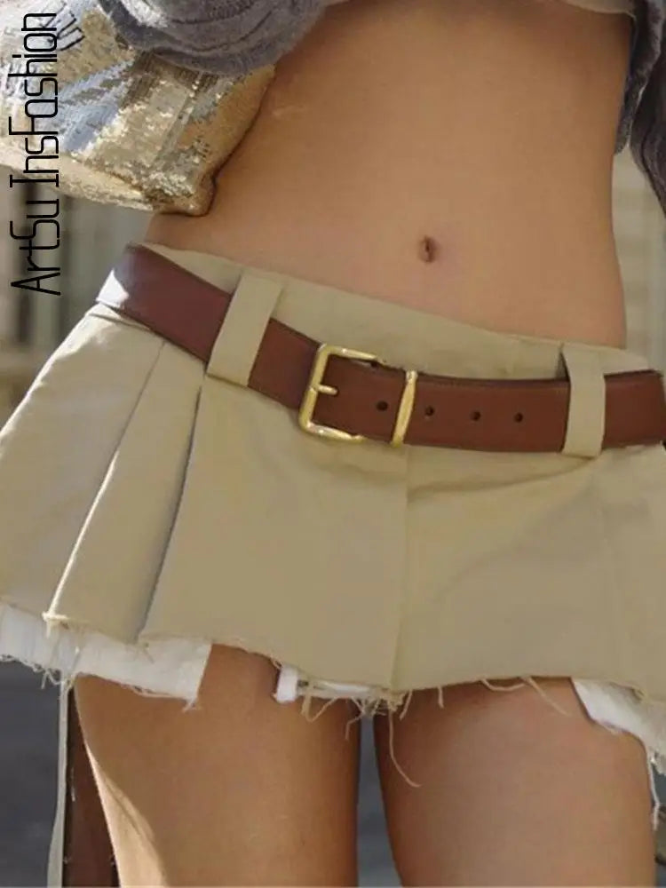 Aiertu  -  Khaki Mini Skirt Pleated Women Summer Low Waist Skirt Fashion Tassels Micro Short Skirt Female Bottoms Sexy Skirts Ladies Aiertu
