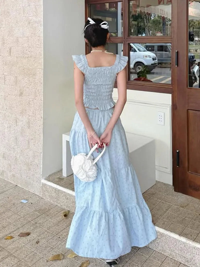 Aiertu  -  Floral Print Two Piece Set Woman Smocked Crop Top and Long Skirts Sets Shoujo Girl Style Vacation Outfits P67-GZ41 Aiertu