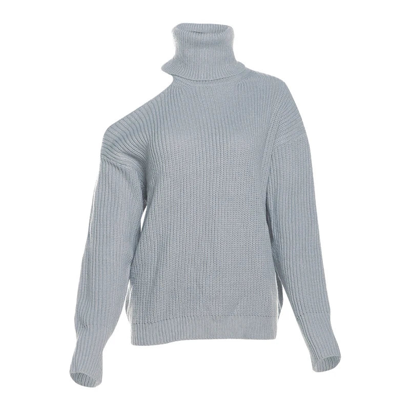 Aiertu  -  Women Autumn Winter Hollow Out Pullovers Knitted Loose High Neck Long Sleeve Off Shoulder Street Style Jumpers Sweater Gray Aiertu